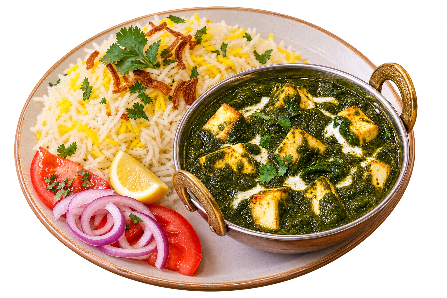 Palak Paneer: Espinafres, queijo e Arroz perfumado